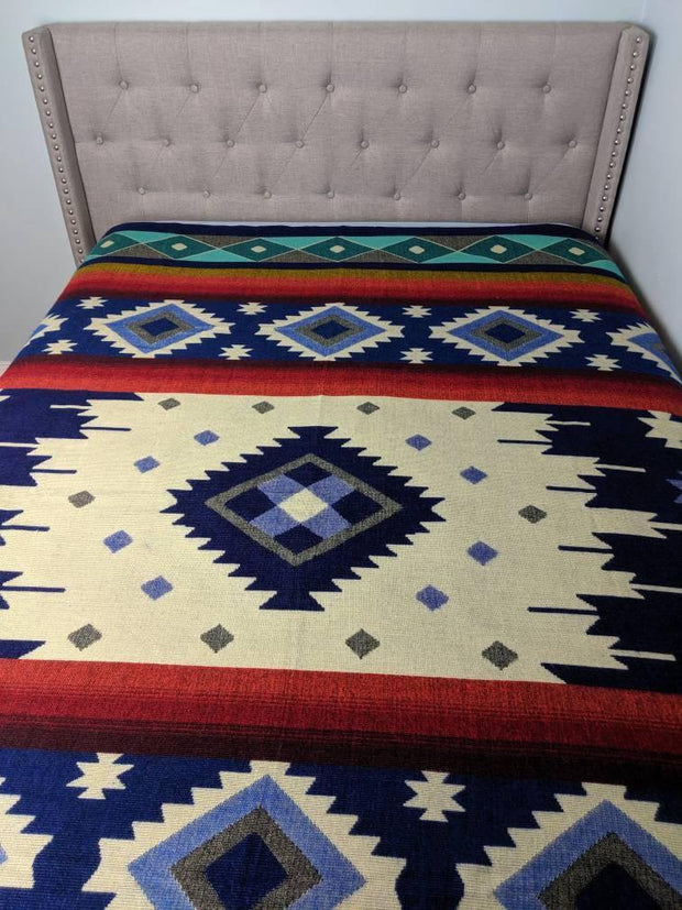 Alpaca Blanket Queen Size Imperial Blue Geometrical Pattern | Native Design Camping Blanket | Boho Sofa Decor - LittleOtavalo