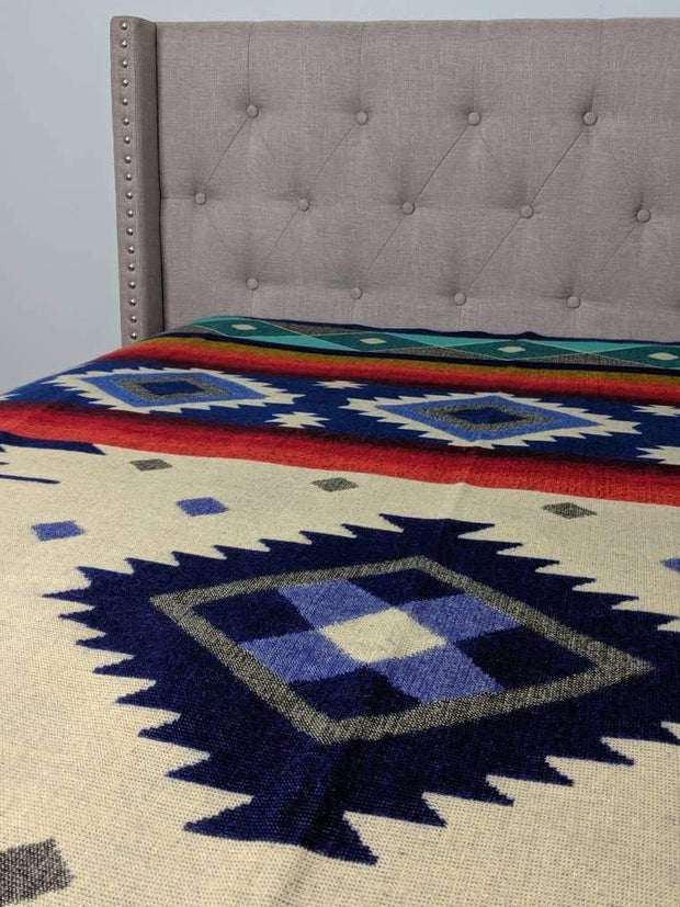 Alpaca Blanket Queen Size Imperial Blue Geometrical Pattern | Native Design Camping Blanket | Boho Sofa Decor - LittleOtavalo