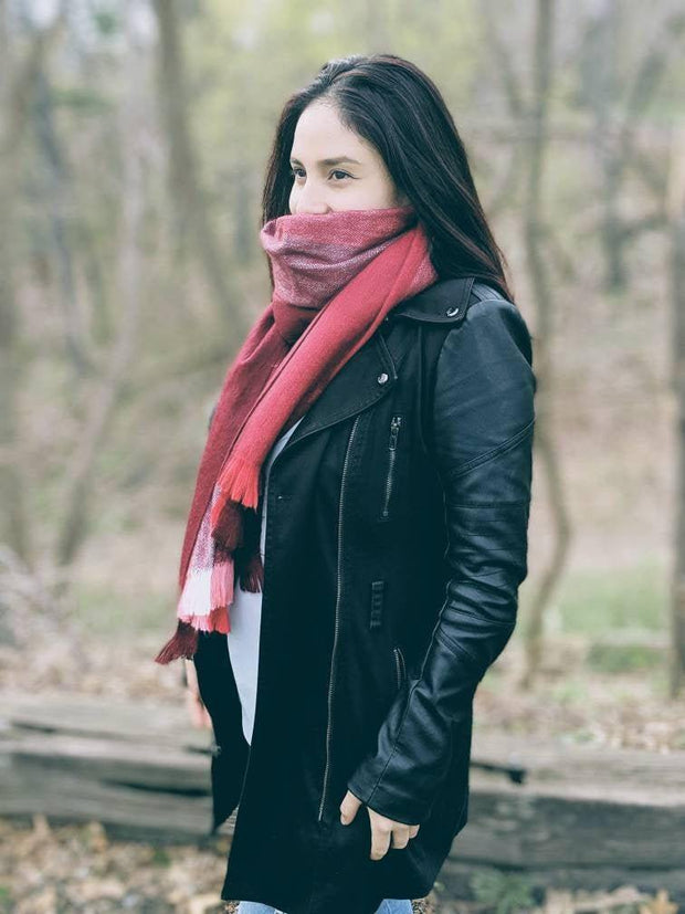 Burgundy Alpaca Shawl Handmade | Large Red Striped Scarf | Mothers Day Gift | Gift For Her - LittleOtavalo