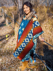 Alpaca Poncho American Honey Geometrical Pattern - Native Design - Tribal Hooded  - Boho Faux Fur Hood