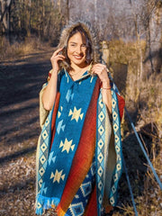 Alpaca Poncho American Honey Geometrical Pattern - Native Design - Tribal Hooded  - Boho Faux Fur Hood