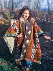 Alpaca Poncho Granite Grey Geometrical Pattern - Native Design - Tribal Hooded  - Boho Faux Fur Hood