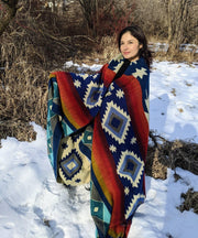 Alpaca Blanket Queen Size Imperial Blue Geometrical Pattern | Native Design Camping Blanket | Boho Sofa Decor - LittleOtavalo