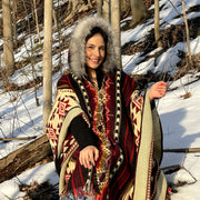 Alpaca Poncho Red Tribal Geometrical Pattern - Native Design - Tribal Hooded  - Boho Faux Fur Hood