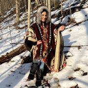 Alpaca Poncho Red Tribal Geometrical Pattern - Native Design - Tribal Hooded  - Boho Faux Fur Hood