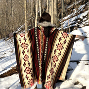 Alpaca Poncho Red Tribal Geometrical Pattern - Native Design - Tribal Hooded  - Boho Faux Fur Hood