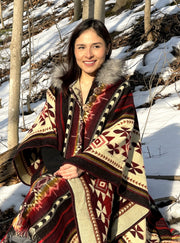 Alpaca Poncho Red Tribal Geometrical Pattern - Native Design - Tribal Hooded  - Boho Faux Fur Hood