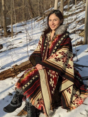 Alpaca Poncho Red Tribal Geometrical Pattern - Native Design - Tribal Hooded  - Boho Faux Fur Hood